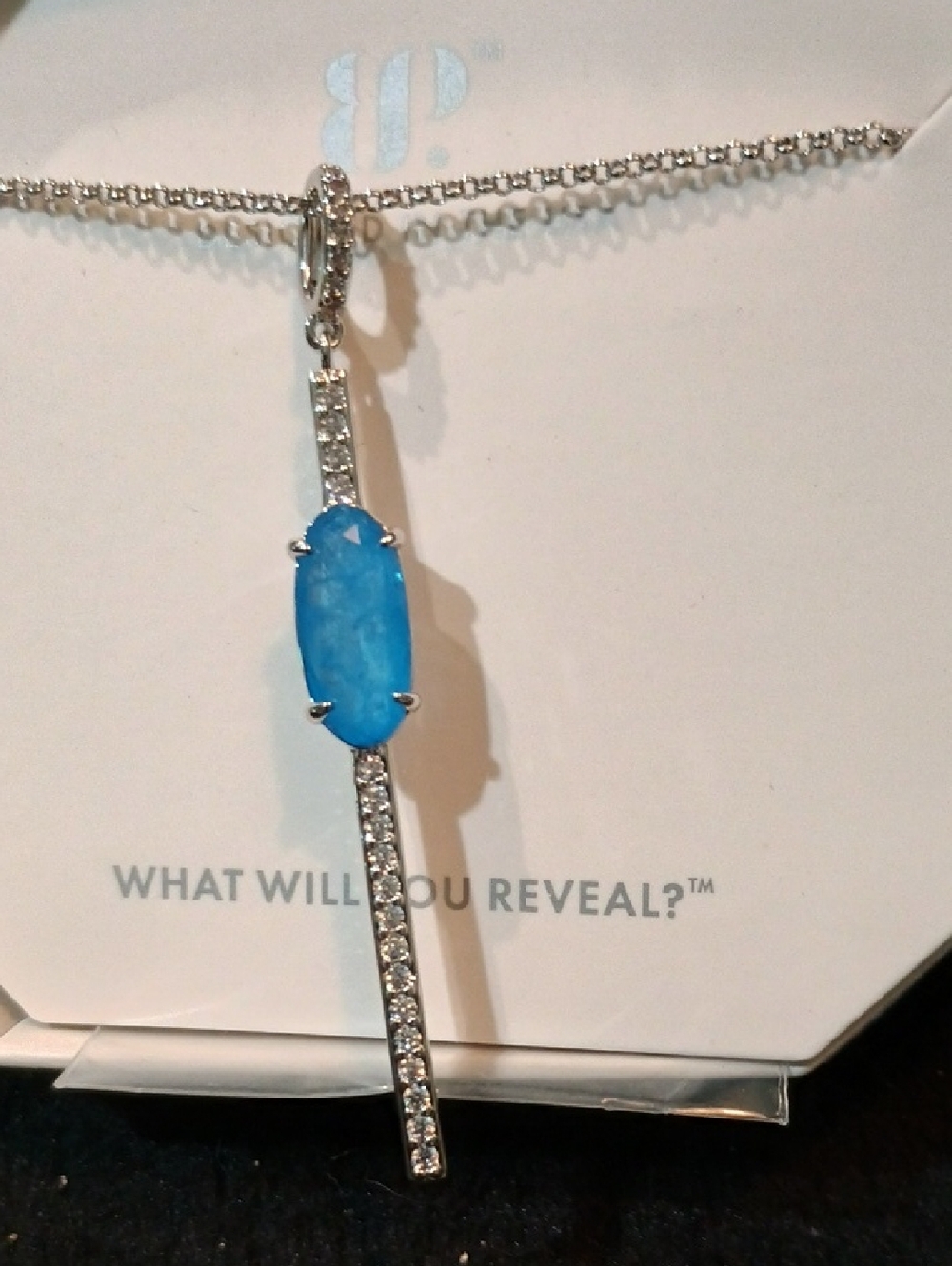 bp Silver-Tone Blue Opal Vertical Bar Pendant Necklace